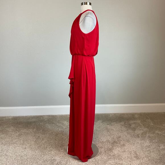 Xscape Red Chiffon Evening Gown Size 8 Cut Out Thigh Slit Ruffled Formal Dress - Picture 5 of 13